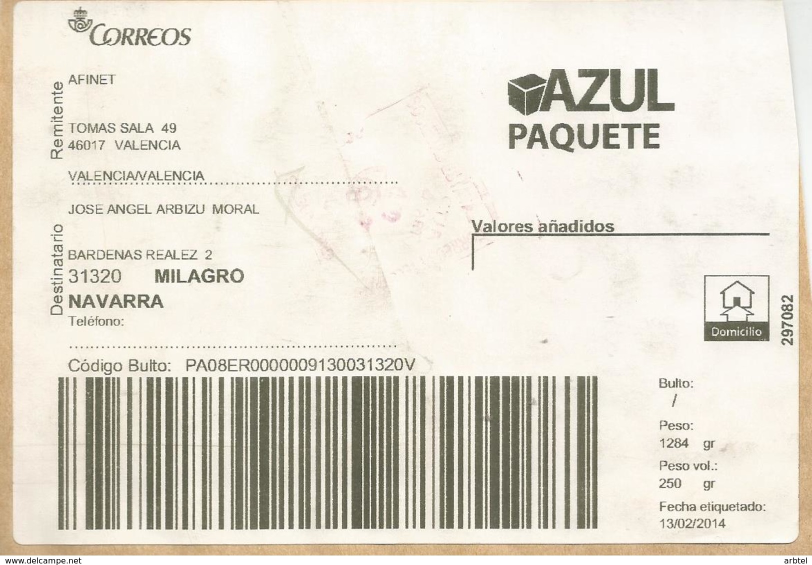 ESPAÑA ETIQUETA LABEL PAQUETE AZUL VALENCIA - Cartas & Documentos