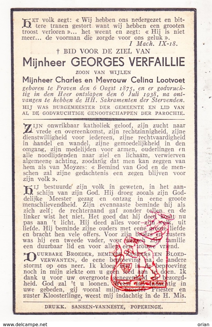 DP Burgemeester Georges Verfaillie / Lootvoet ° Proven Poperinge 1875 † 1938 - Images Religieuses
