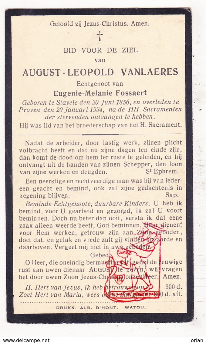 DP August L. VanLaeres ° Stavele Alveringem 1856 † Proven Poperinge 1934 X Eug. M. Fossaert - Images Religieuses