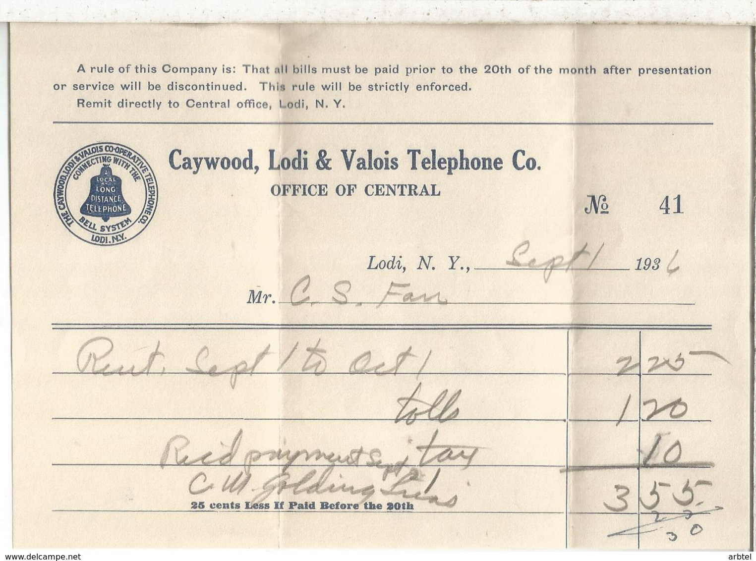 USA CAYWOOD LODI & VALOIS TELEPHONE CO INVOICE 1936 - USA