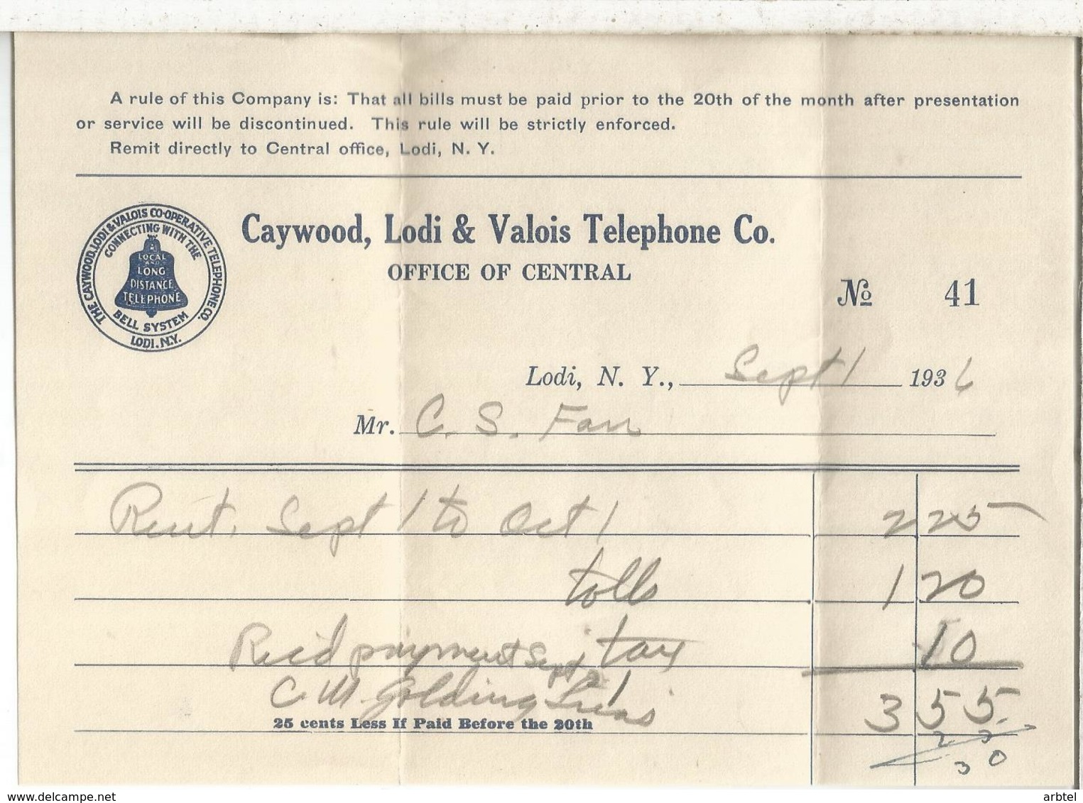 USA CAYWOOD LODI & VALOIS TELEPHONE CO INVOICE 1936 - Etats-Unis