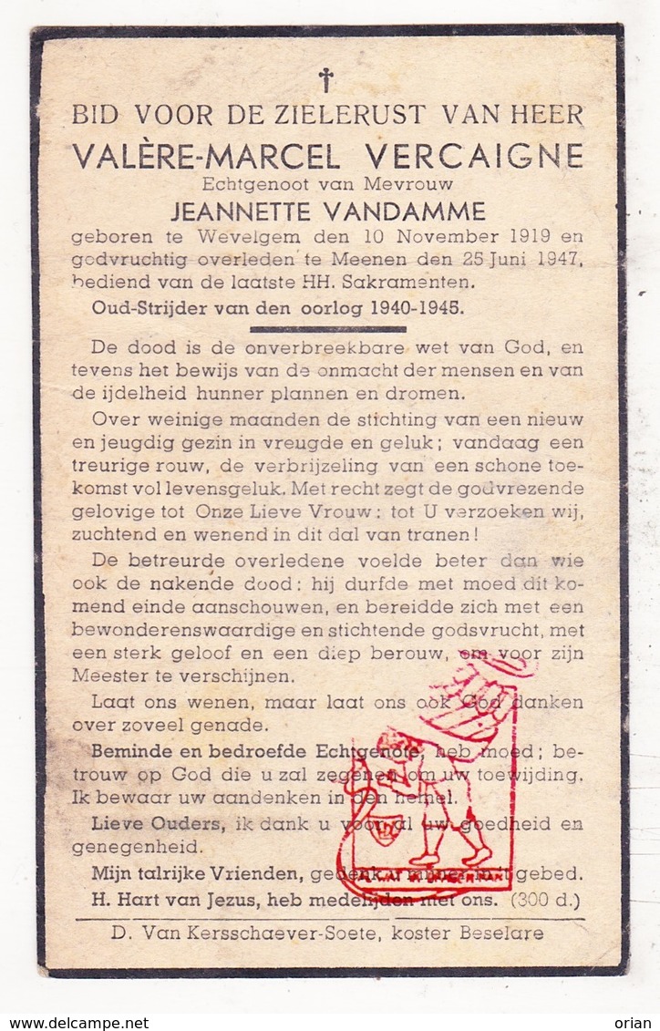 DP Valère M. Vercaigne 27j. ° Wevelgem 1919 † Menen 1947 X Jeanette VanDamme - Images Religieuses