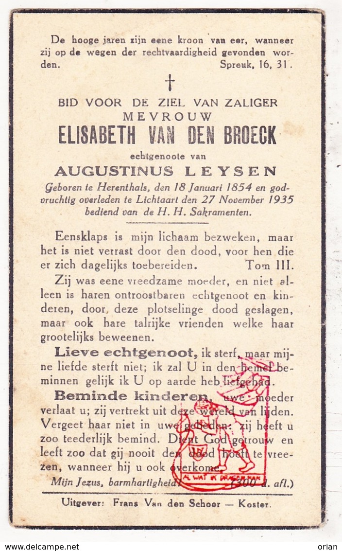 DP Elisabeth Van Den Broeck ° Herentals 1854 † Lichtaart 1935 X Aug. Leysen - Images Religieuses