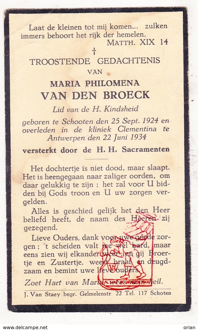 DP Kind - Maria P. Van Den Broeck 9j. ° Schoten 1924 † Antwerpen 1934 - Devotieprenten