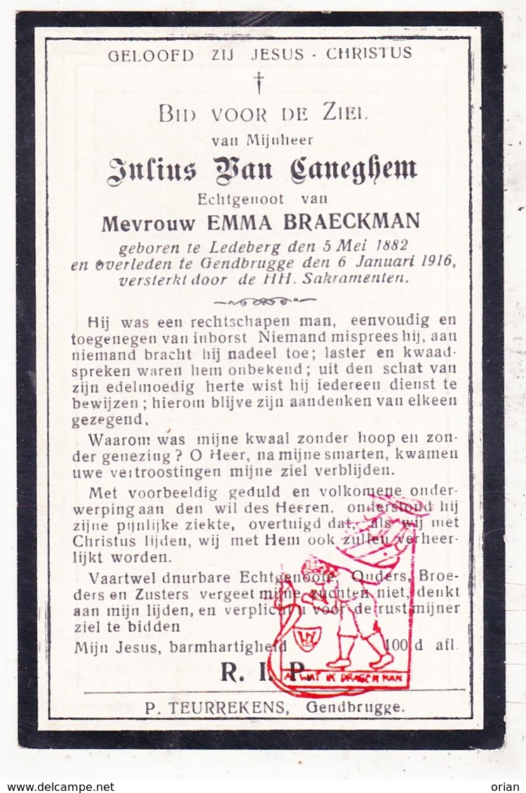 DP Julius Van Caneghem ° Ledeberg Gent 1882 † GentBrugge 1916 X Emma Braeckman / Druk P. Teurrekens - Images Religieuses