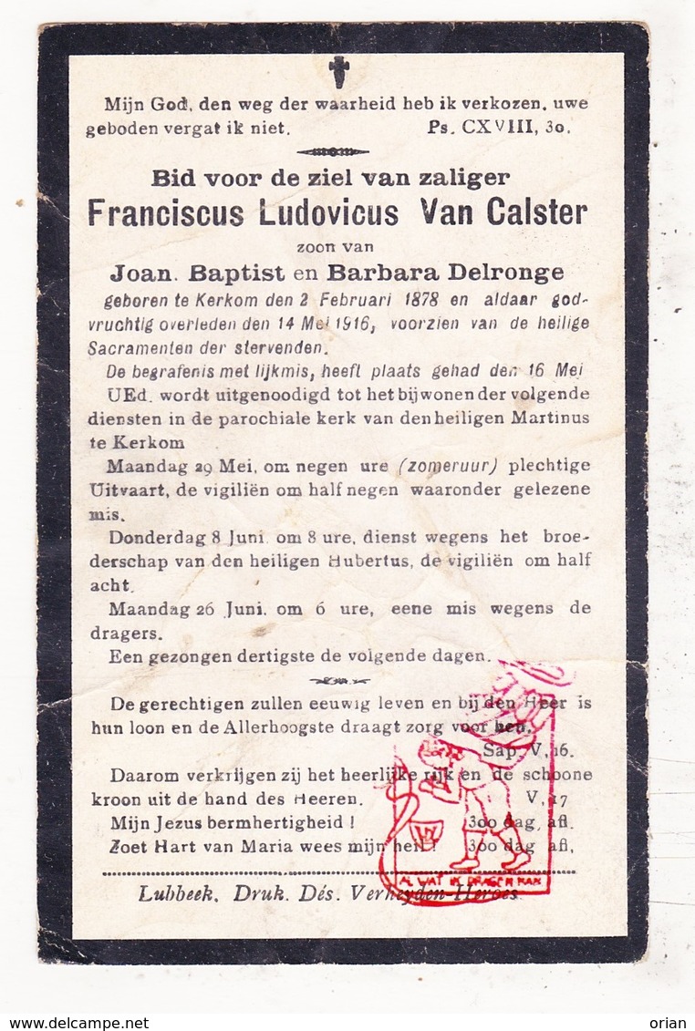 DP Franciscus L. Van Calster / Delronge ° Kerkom Boutersem 1878 † 1916 - Devotieprenten