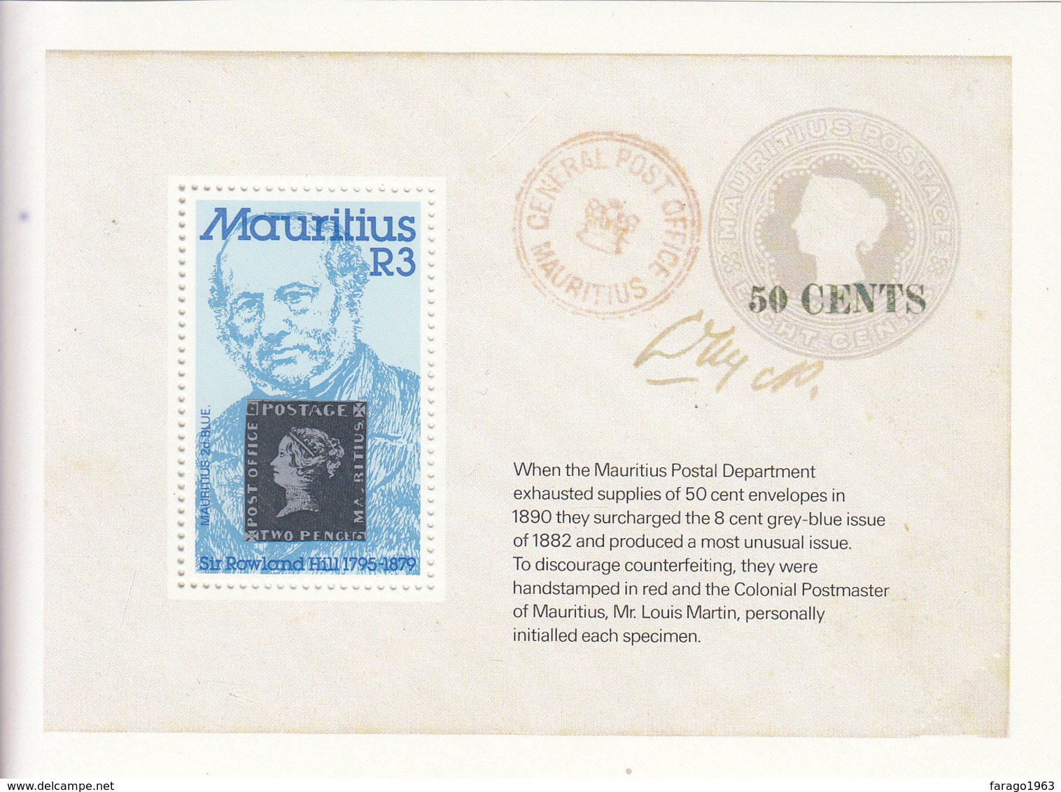 1979 Mauritius Sir Rowland Hill Centenary Of His Death  Souvenir Sheet Of 1 MNH - Mauritius (1968-...)