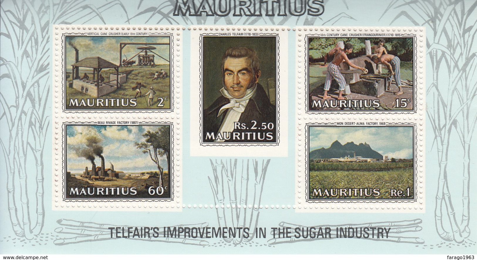1969 Mauritius Telfair’s Improvements To Sugar Industry Portrait, Cane Crusher, Factory, Plantation  Souvenir Sheet Of 5 - Maurice (1968-...)