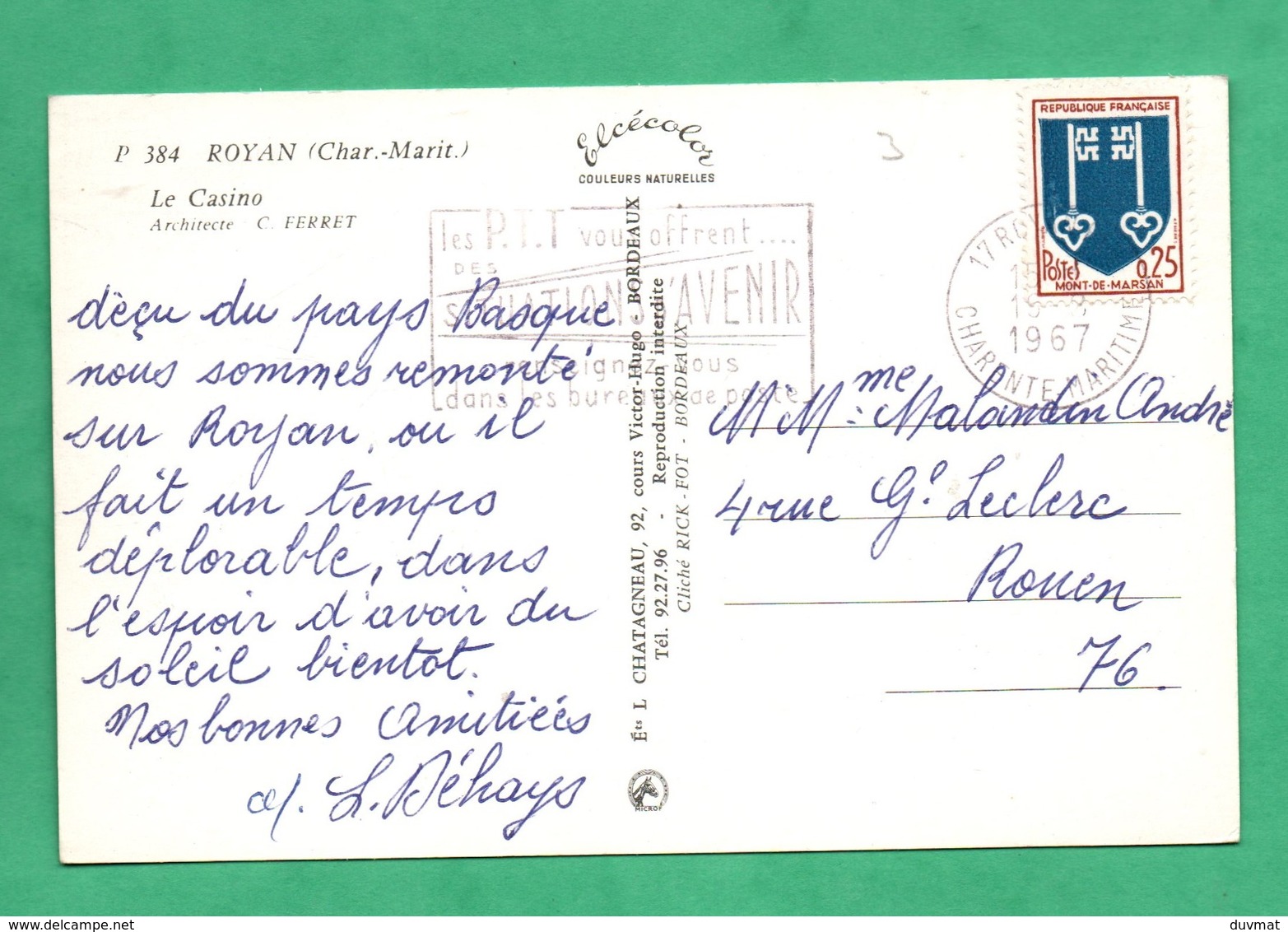 17 Charente Maritime Royan Casino Architecte Ferret ( Carte Format 9cm X 14cm ) - Royan