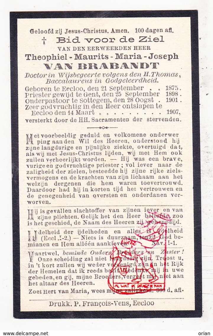 DP Baccalaureus & Doctor Wijsbegeerte - EH Theophiel Van Brabandt 31j. ° Eeklo 1875 † 1907 / Gent Zottegem - Images Religieuses