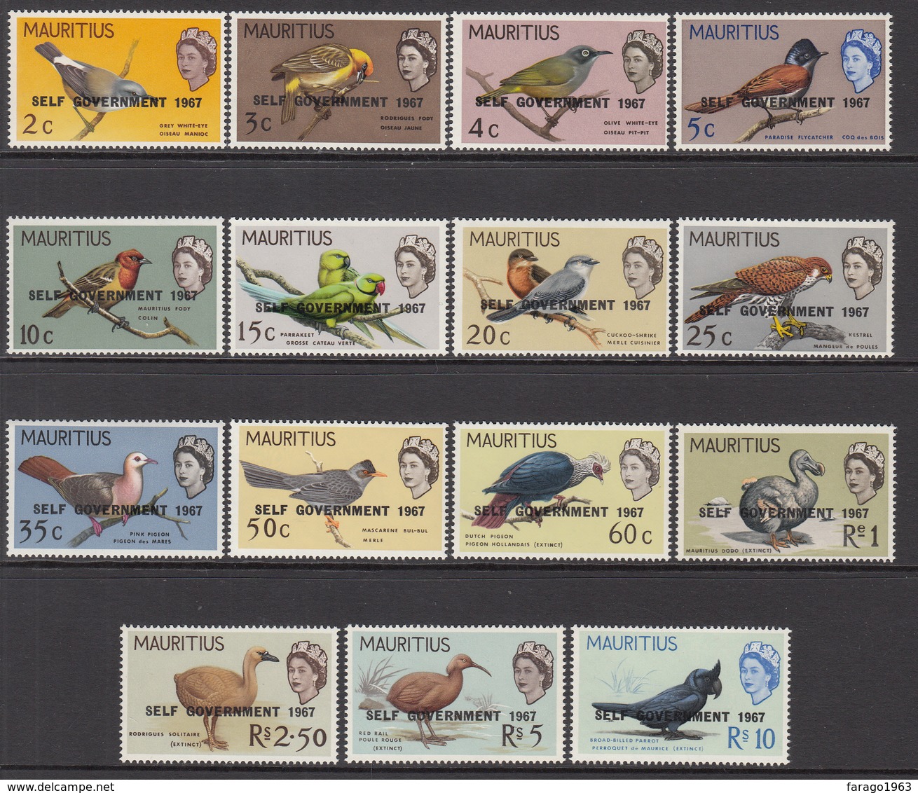 1967 Mauritius Birds Overprinted “self-government”  Cpl Set Of 15  MNH - Mauritius (1968-...)