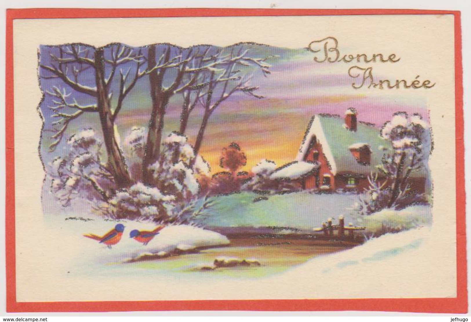 809-CARTE BONNE ANNEE.IDA.N°715.PAILLETTES OISEAUX RIVIERE MAISONS DECOUPIS DANS PAYSAGE ENNEIGE SCANS RECTO VERSO - New Year