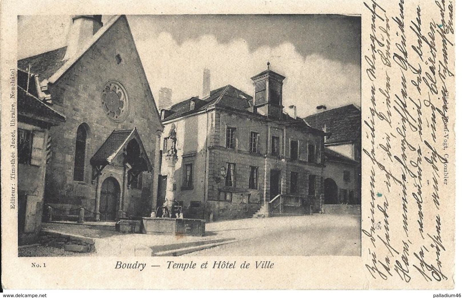 NEUCHÂTEL Boudry - Temple Et Hôtel De Ville	Editeur Timothée Jacot, Neuchâtel	No 1	 - Circulé Le 01.10.1903 Vers Berlin - Boudry