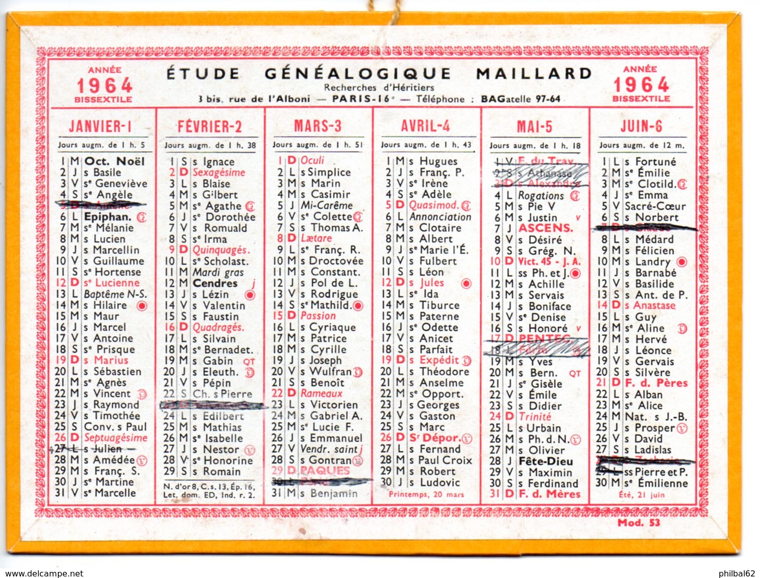 Calendrier Cartonné 1964. Etude Généalogique Maillard, Paris - Petit Format : 1961-70