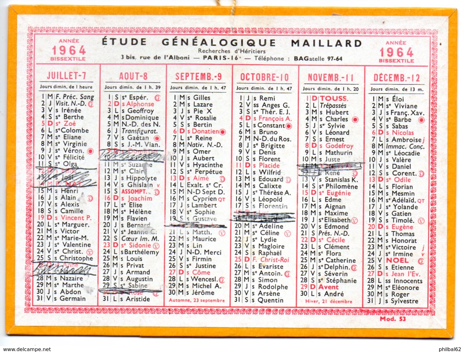 Calendrier Cartonné 1964. Etude Généalogique Maillard, Paris - Petit Format : 1961-70