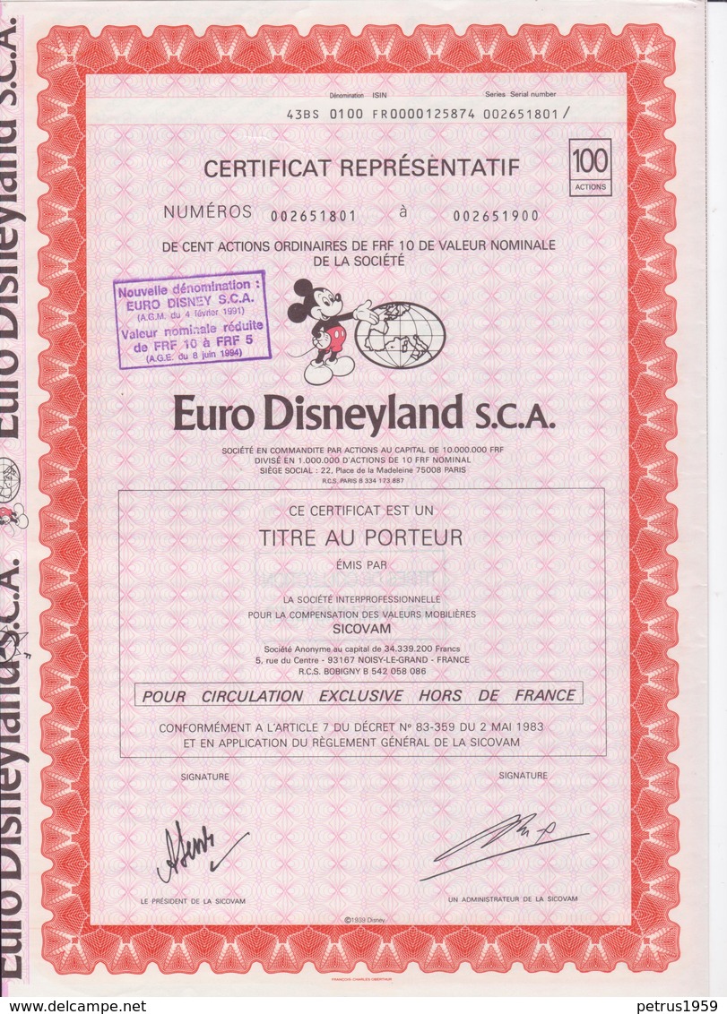 Euro Disneyland S.C.A.  Eurodisney,aandeel Met Coupons Coupure Van 100,EURO DISNEY - Toerisme