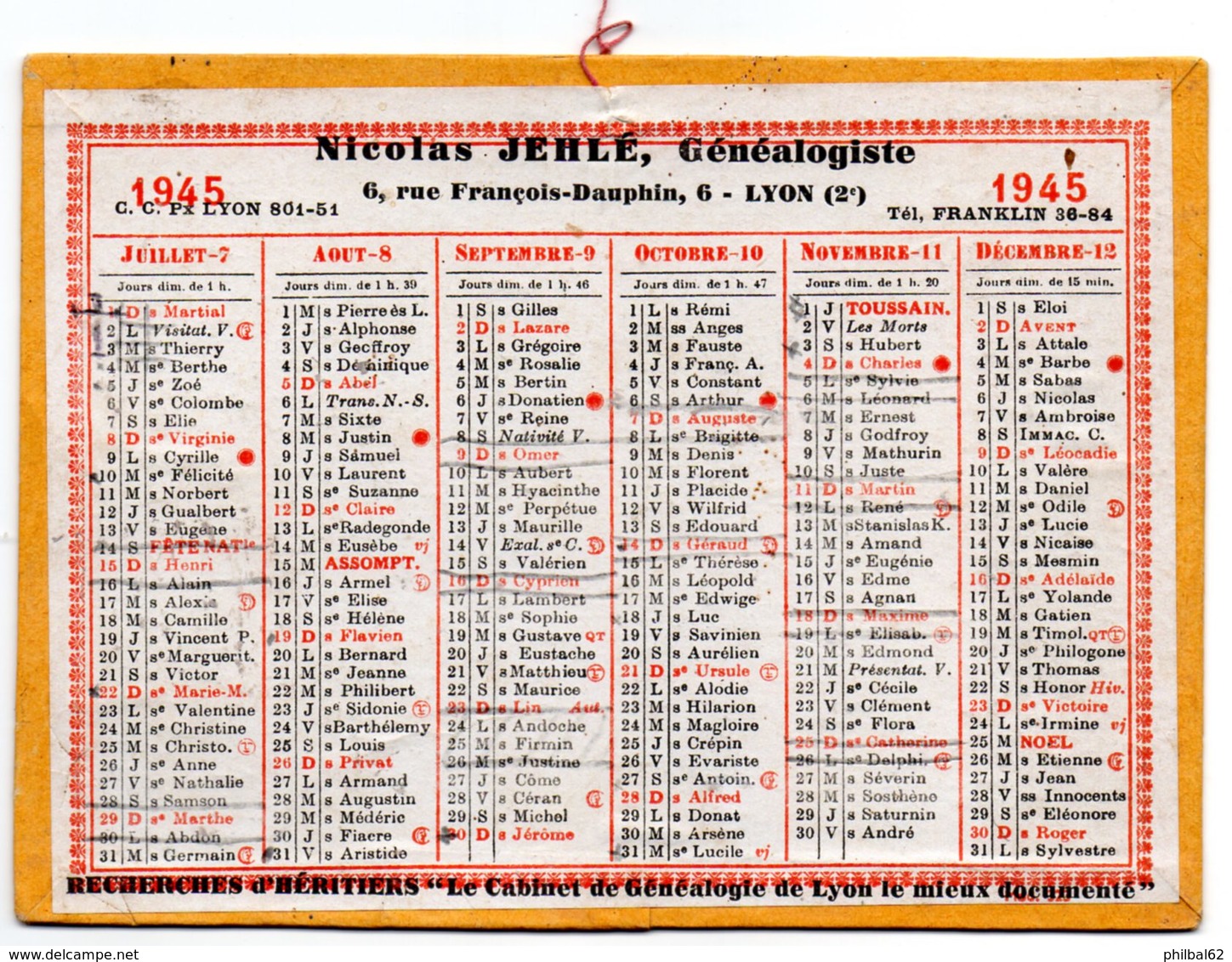 Calendrier Cartonné 1945. Nicolas Jehlé, Généalogiste. Lyon. - Petit Format : 1941-60