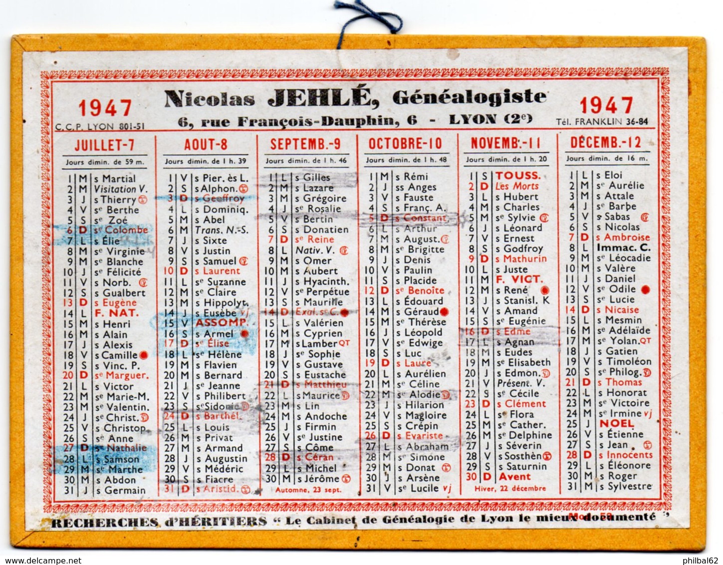Calendrier Cartonné 1947. Nicolas Jehlé, Généalogiste. Lyon. - Petit Format : 1941-60