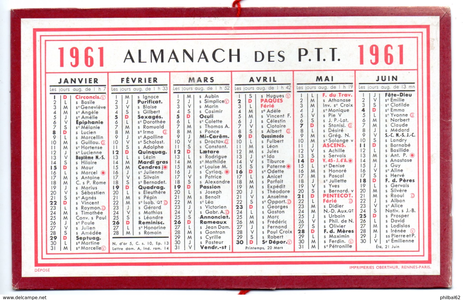 Calendrier Cartonné Almanach Des PTT 1961. - Petit Format : 1961-70