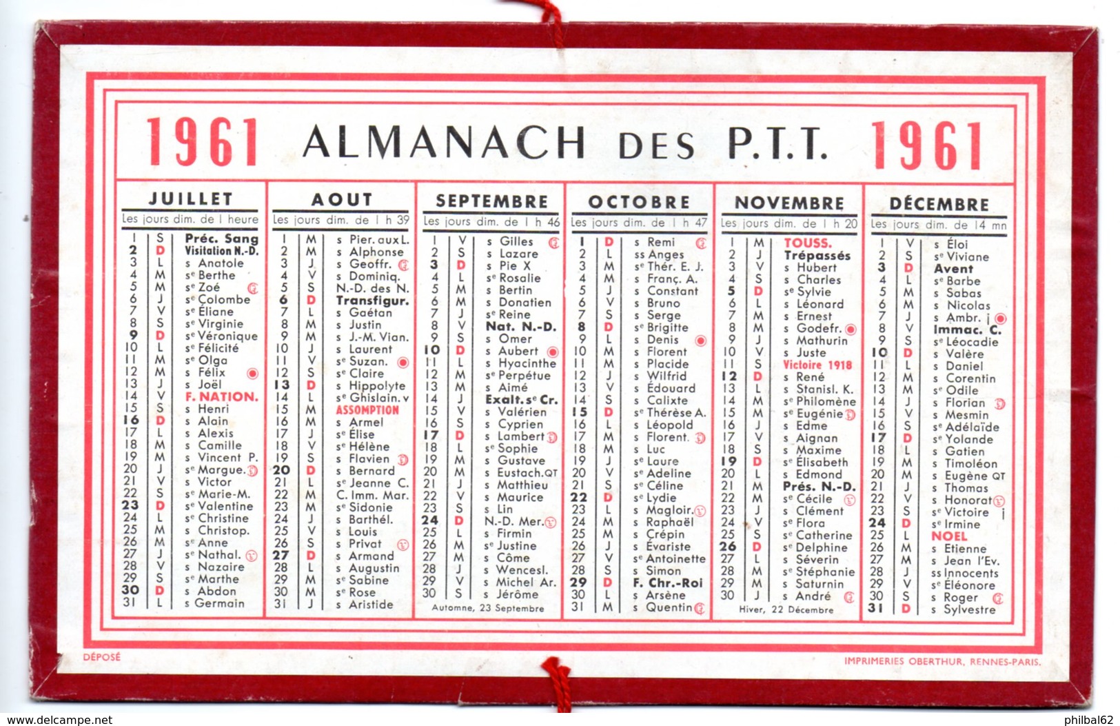 Calendrier Cartonné Almanach Des PTT 1961. - Tamaño Pequeño : 1961-70