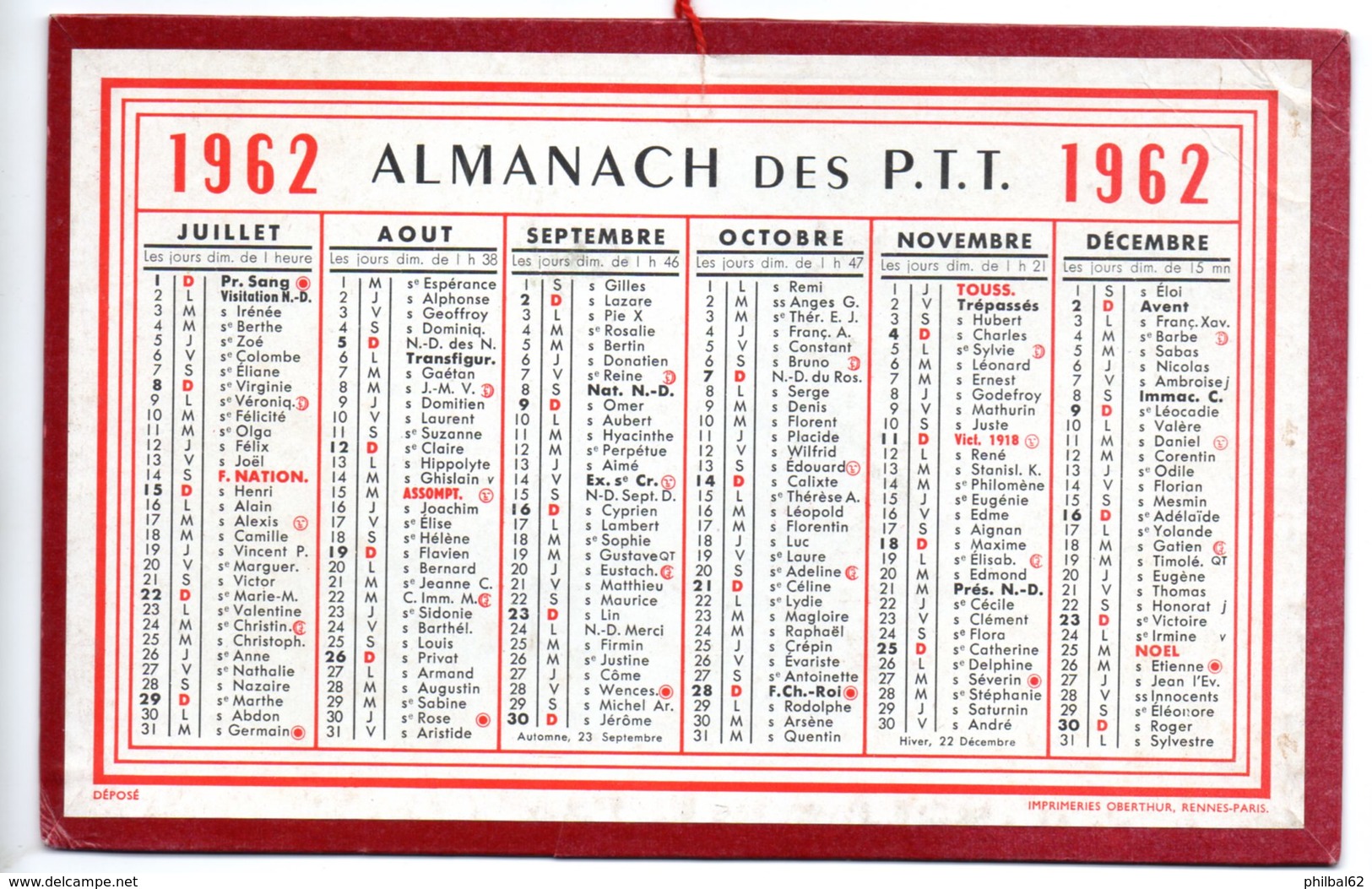 Calendrier Cartonné Almanach Des PTT 1962. - Small : 1961-70