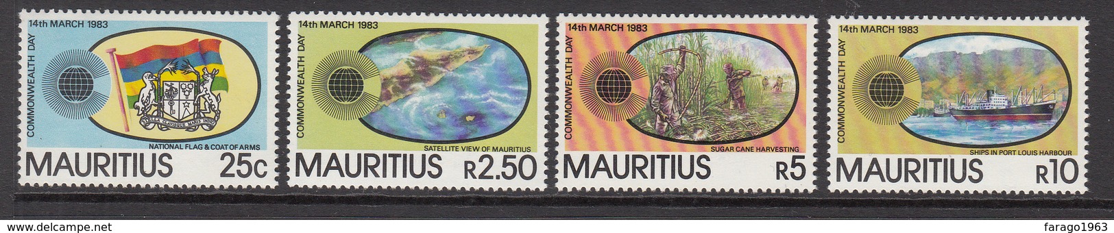 1983 Mauritius  Commonwealth Day Flag, Sugar Cane, Harbour, Satellite View Set Of 4  MNH - Maurice (1968-...)