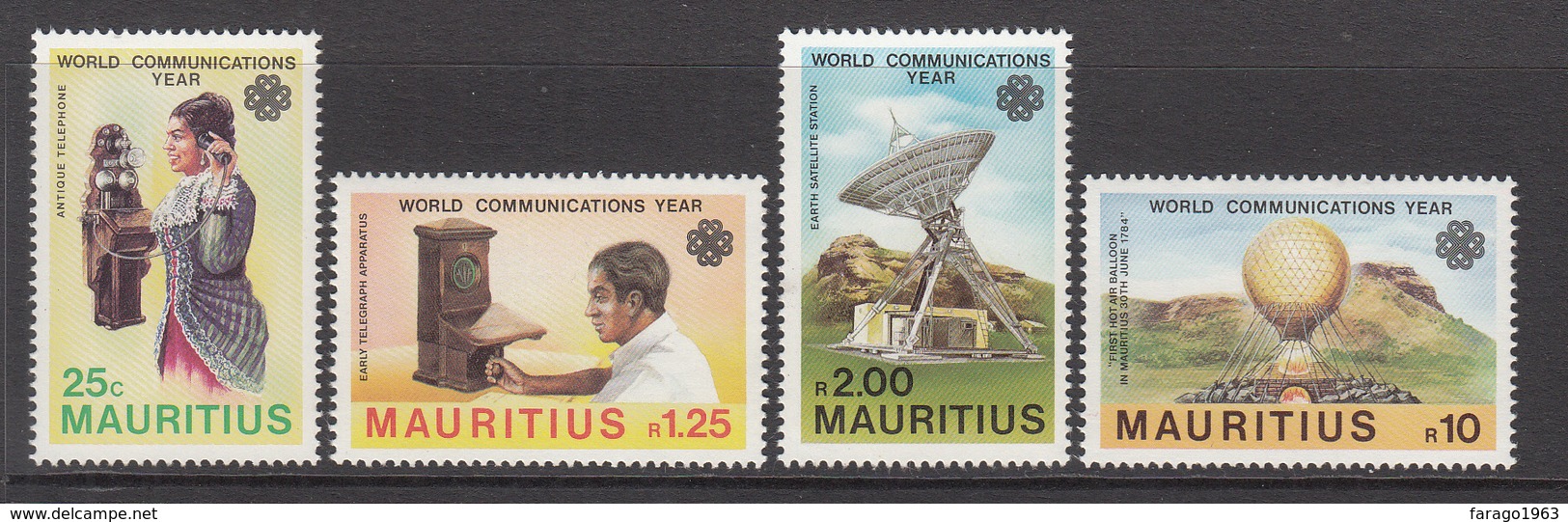 1983 Mauritius Communications Year Antique Telephone, Satellite, Balloon, Comms. Equipment Set Of 4  MNH - Mauritius (1968-...)