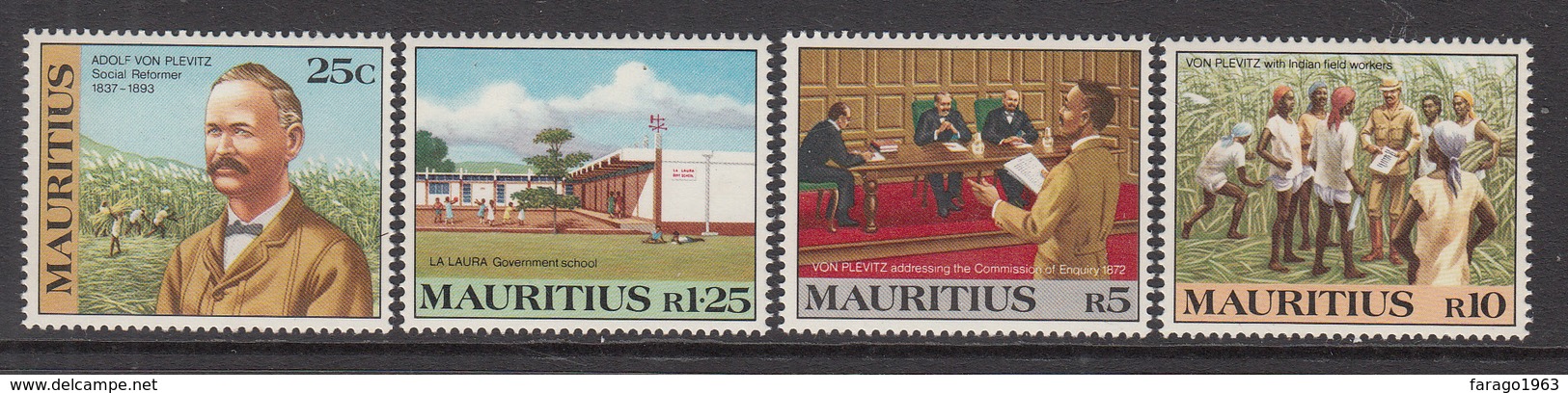 1983 Mauritius Von Plevitz Social Reformer, Portrait, Field Workers, Schoolroom,  Set Of 4  MNH - Maurice (1968-...)