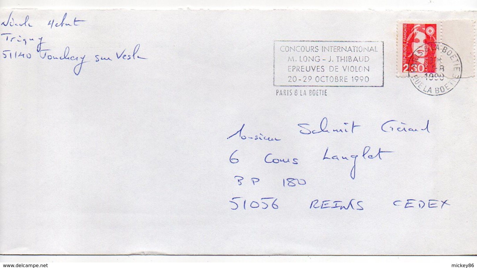 1990--lettre De PARIS 8 LA BOETIE Pour REIMS-51- Flamme Concours International De Violon--type Marianne Bicentenaire - 1961-....