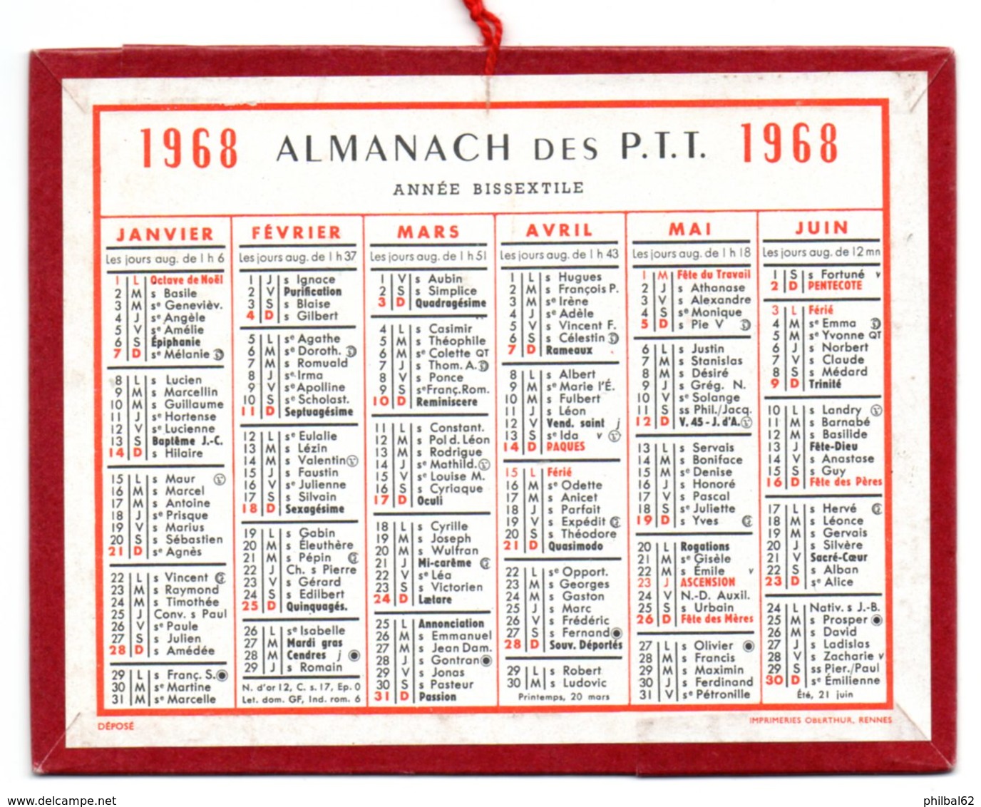 Calendrier Cartonné Almanach Des PTT 1968. - Small : 1961-70