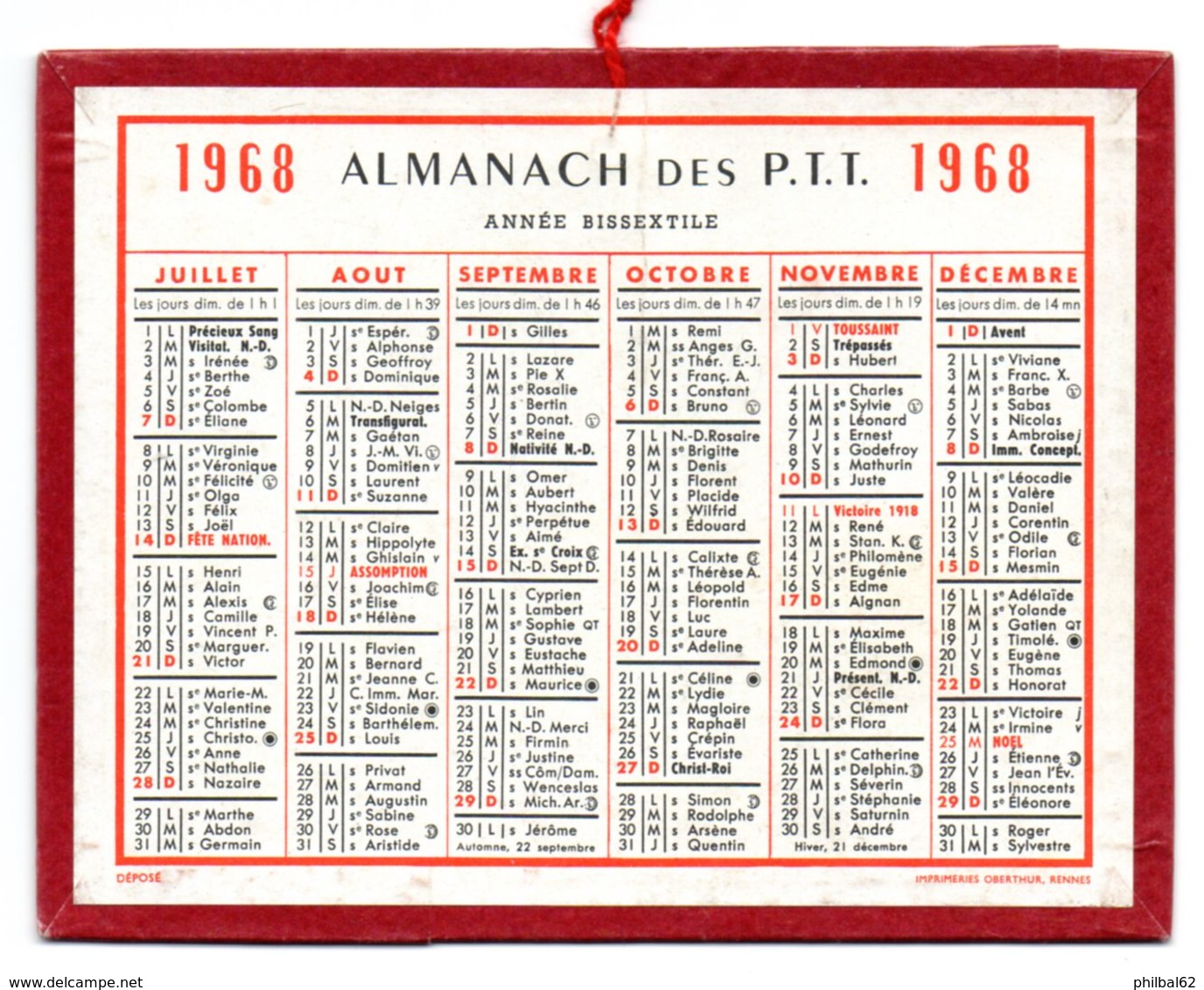 Calendrier Cartonné Almanach Des PTT 1968. - Petit Format : 1961-70