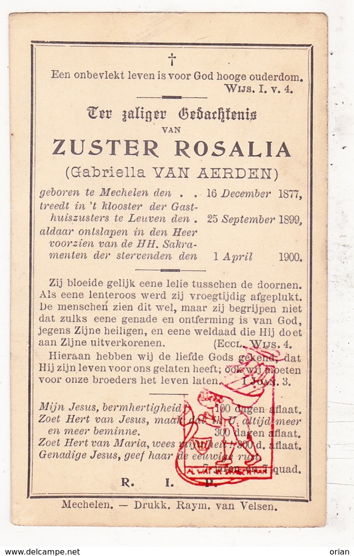 DP EZ Gabriella Van Aerden - Zr. Rosalia 22j. ° Mechelen 1877 † Klooster Gasthuis Leuven 1900 - Images Religieuses
