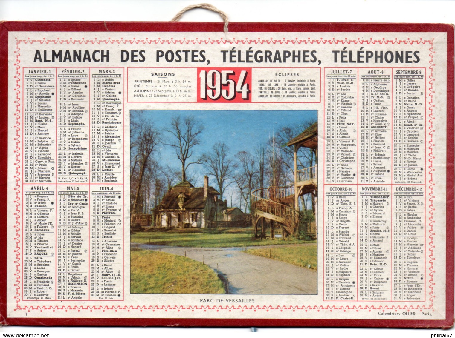 Calendrier Cartonné Almanach Des PTT 1954. Parc De Versailles, Le Hameau De La Reine. - Petit Format : 1941-60
