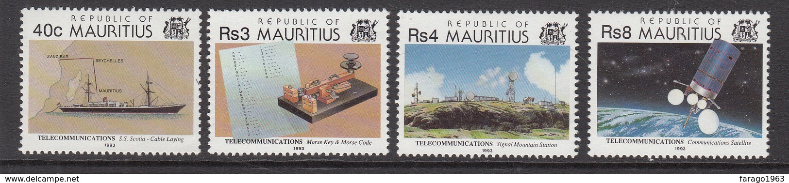 1993 Mauritius Telecommunications Morse Code/ Key, Satellite, Cable Laying Ship Set Of 4 MNH - Mauritius (1968-...)