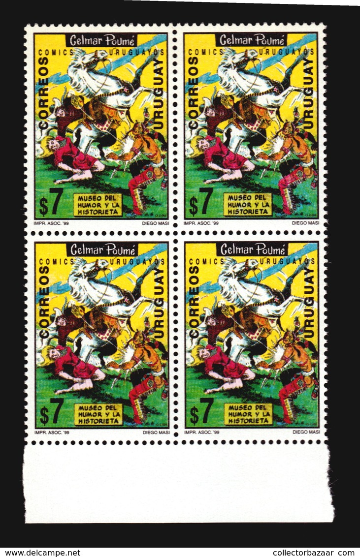 COMIC CARTOON WESTERN COWBOY WOMAN NATIVE INDIAN HORSE URUGUAY MNH BLOCK OF 4 ** - Stripsverhalen