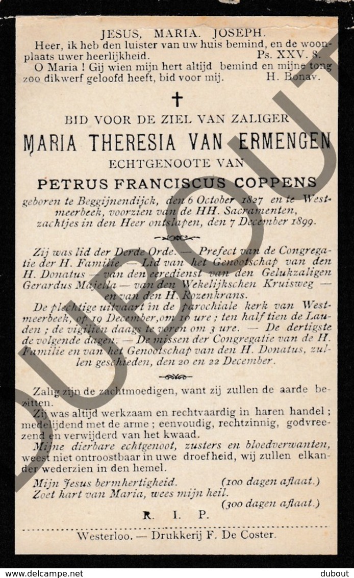 Doodsprentje Maria Theresia Van Ermengen /echtg. Petrus F. Coppens °1827 Begijnendijk †1899 Westmeerbeek (F182) - Décès