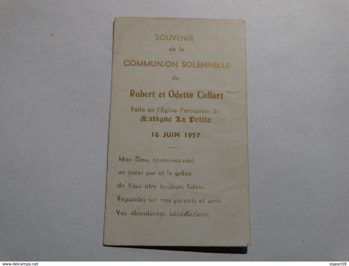Souvenir De La Communion Solennelle De Robert Et Odette Collart Le 16 Juin 1957 à Matagne-la-Petite (Namur). - Godsdienst & Esoterisme