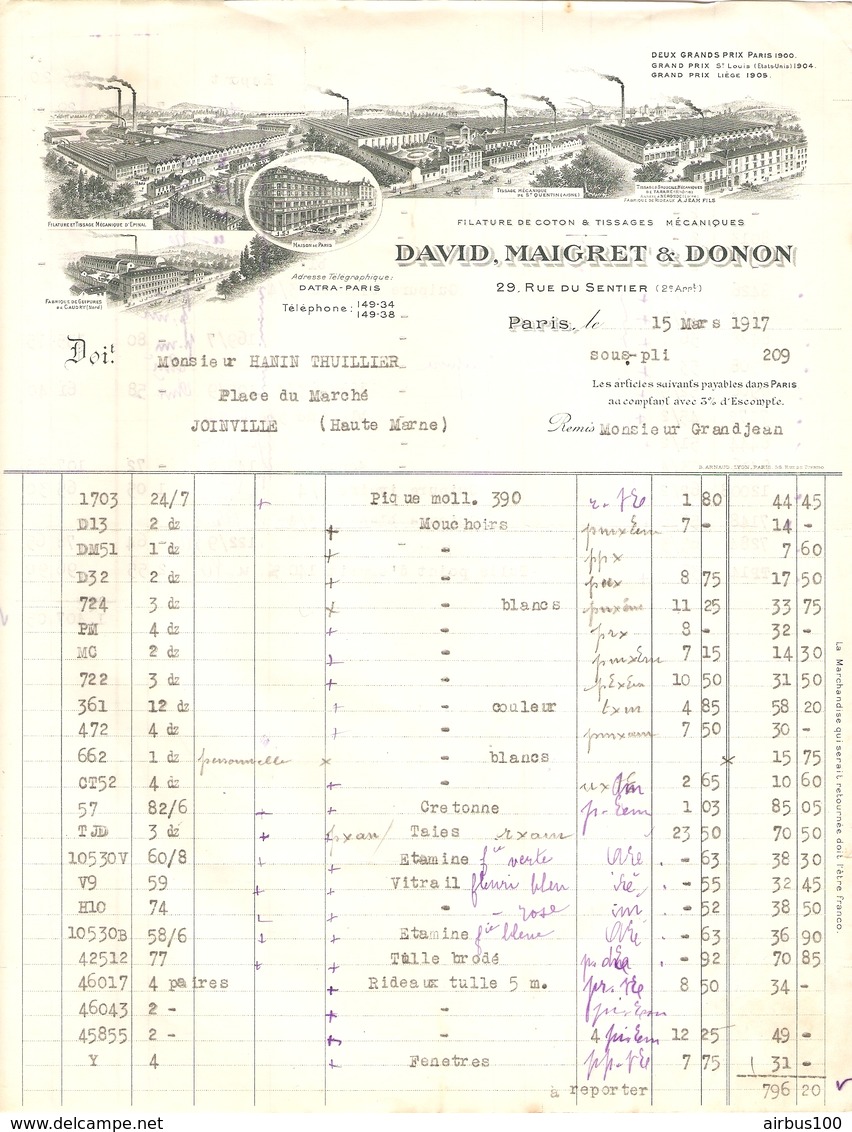 FACTURE 1917 DAVID MAIGRET & DONON 29 RUE DU SENTIER PARIS - USINES ÉPINAL St QUENTIN TARARE NÉRONDE - Textilos & Vestidos