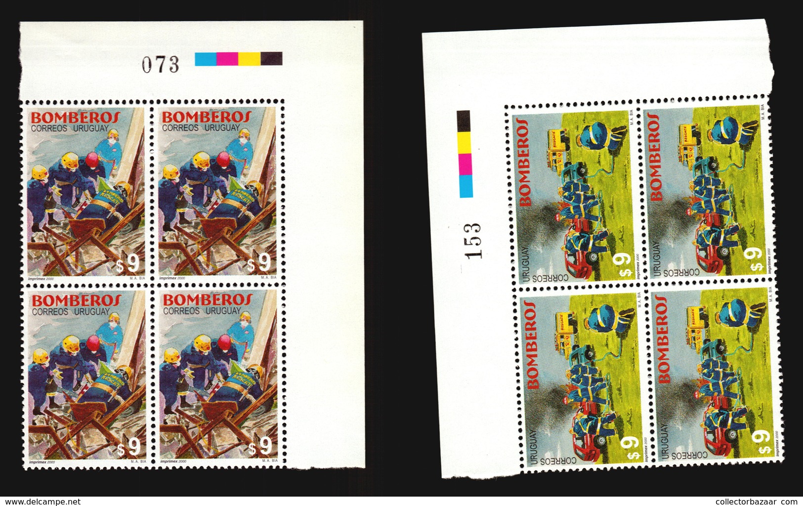 FIREMEN CAR ACCIDENT ROUTE URUGUAY MNH BLOCK OF 4 ** CATALOGUE VALUE $28 - Brandweer