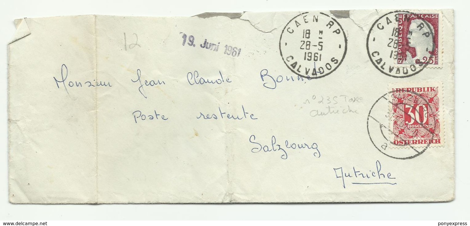 Lettre De Caen 1961, 0.25 C Marianne, Taxée En Autriche 30 Gr. à Salzburg - 1960 Marianna Di Decaris