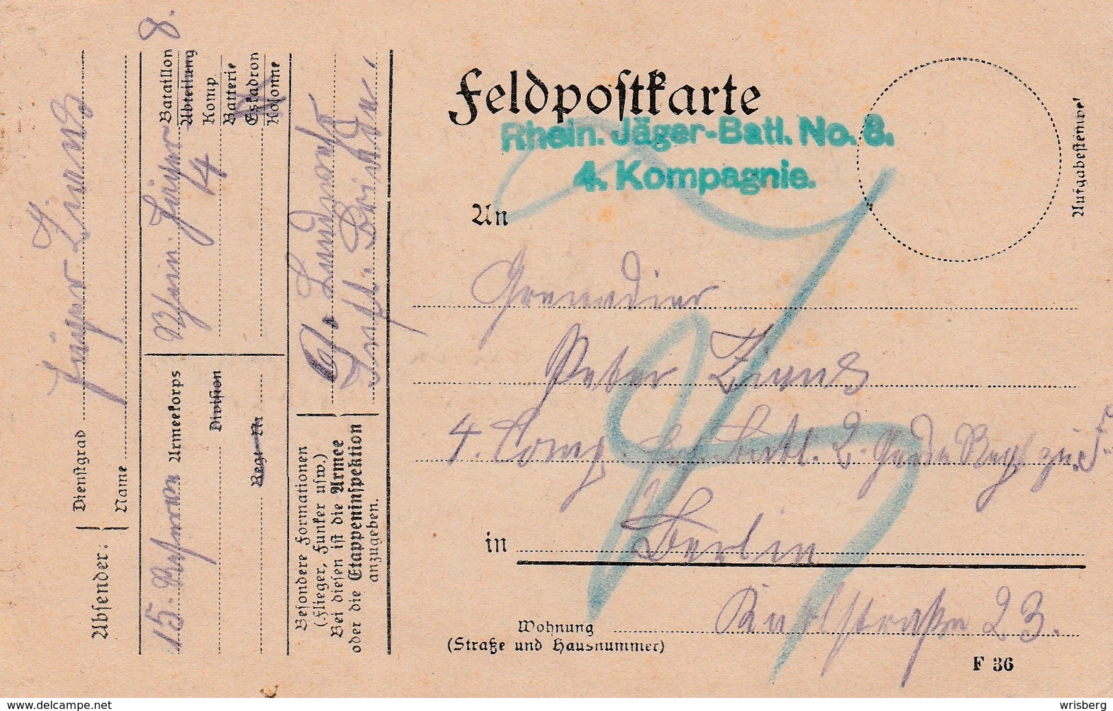 Feldpostkarte Avec Cachet Rhein Jäger-Batl. No 8. / 4. Kompagnie Du 23.8.15 Adressée à Berlin - Briefe U. Dokumente