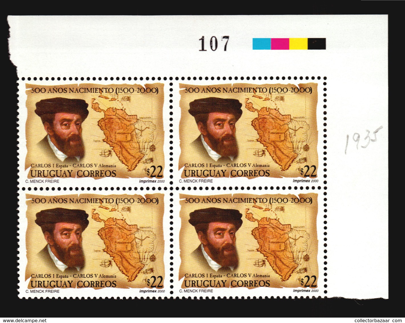 HOLY ROMAN EMPEROR CHARLES V SPAIN GERMANY MAP AMERICA URUGUAY MNH BLOCK OF 4 ** CATALOGUE VALUE $24 - Koniklijke Families