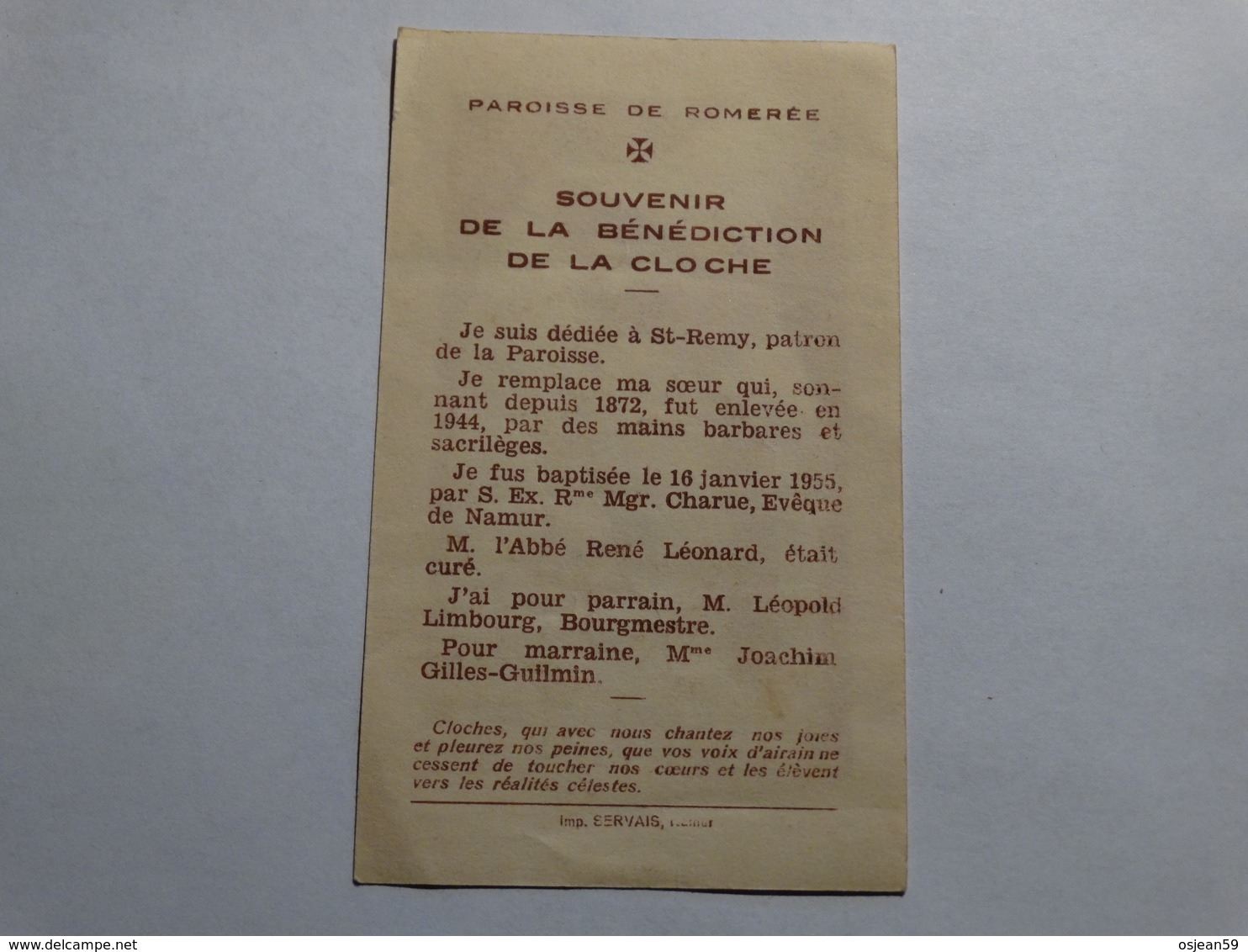 Souvenir De La Bénédiction Des Cloches Le 16 Janvier 1955 à Romerée (Namur). - Godsdienst & Esoterisme