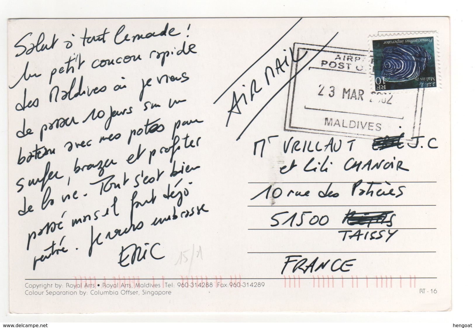 Beau Timbre , Stamp Sur Cp , Carte , Postcard DU 23/03/2002 - Maldives (1965-...)