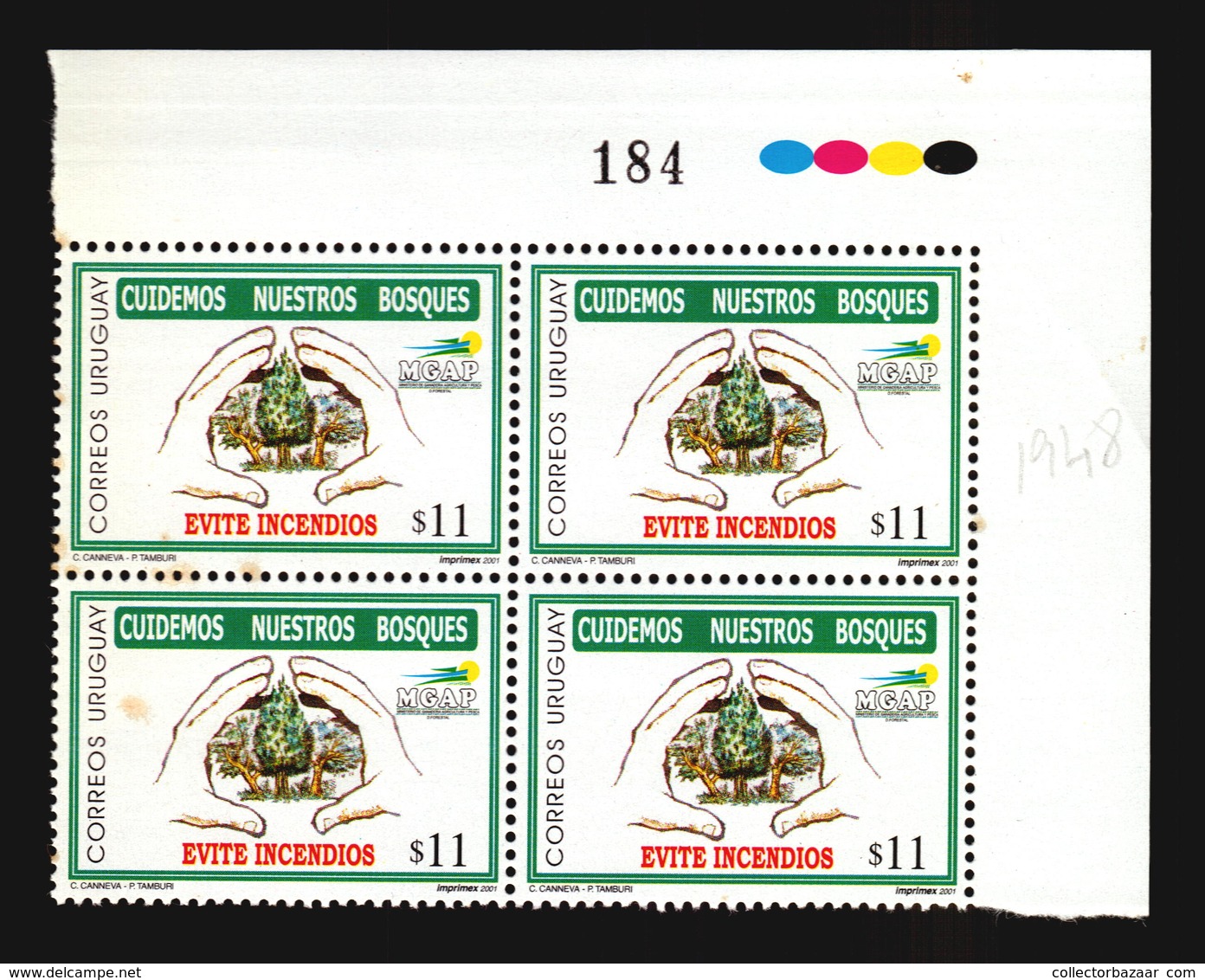 FOREST TREE CARE FIRE DISASTERS URUGUAY MNH BLOCK OF 4 ** CATALOGUE VALUE $12 - Trees