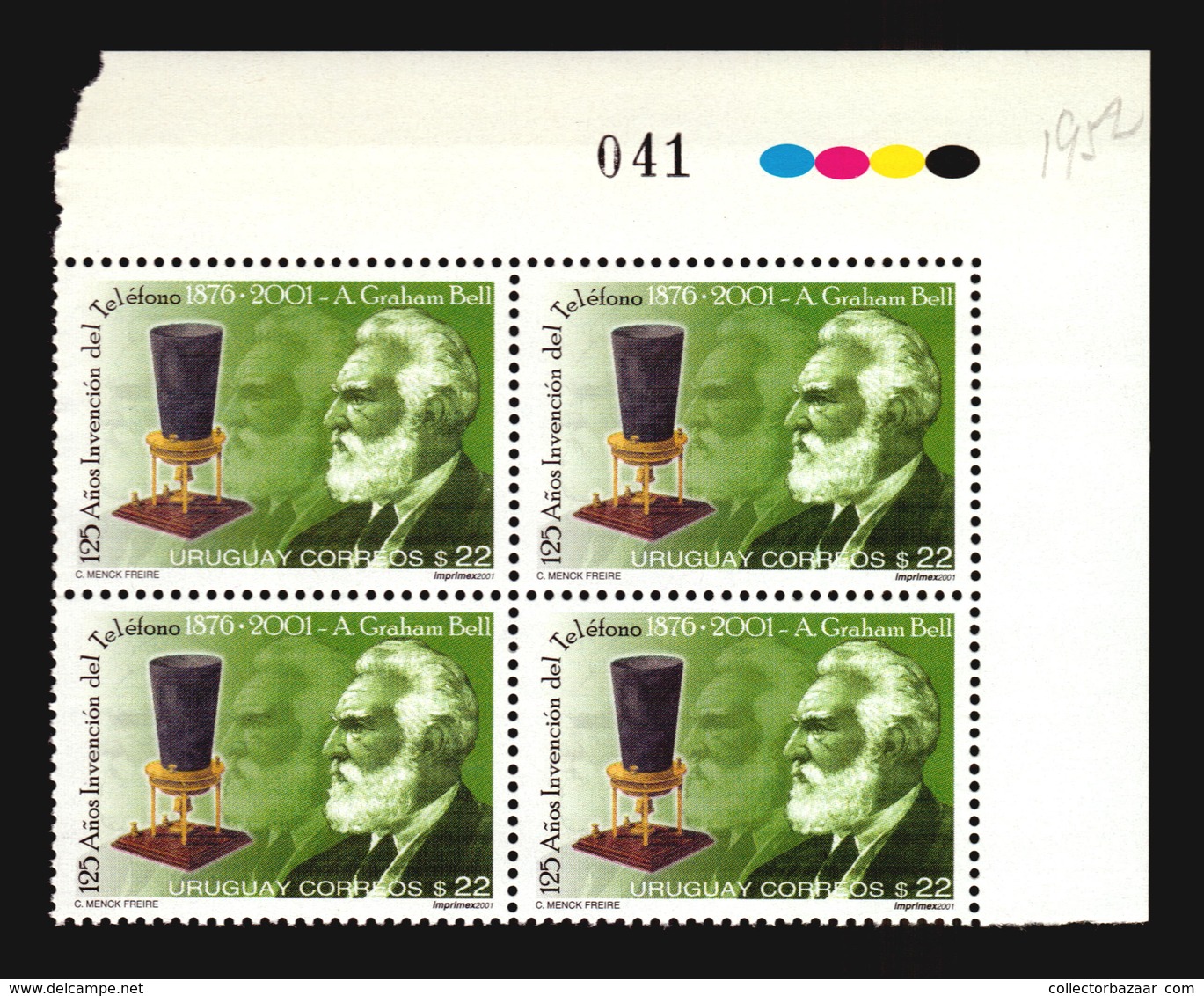 INVENTION OF TELEPHONE GRAHAM BELL URUGUAY MNH BLOCK OF 4 ** CATALOGUE VALUE $24 - Telecom