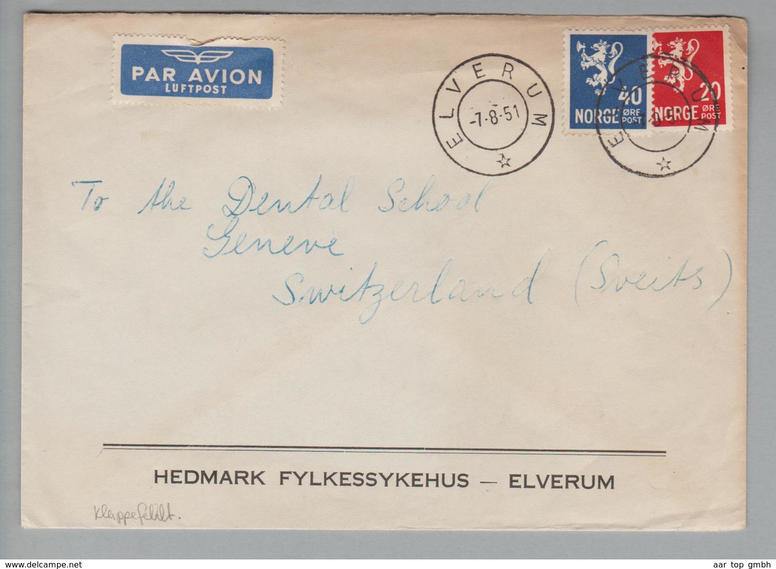 Heimat Norwegen Elverum 1951-08-07 Brief Nach Genève CH Klappe Fehlt - Lettres & Documents