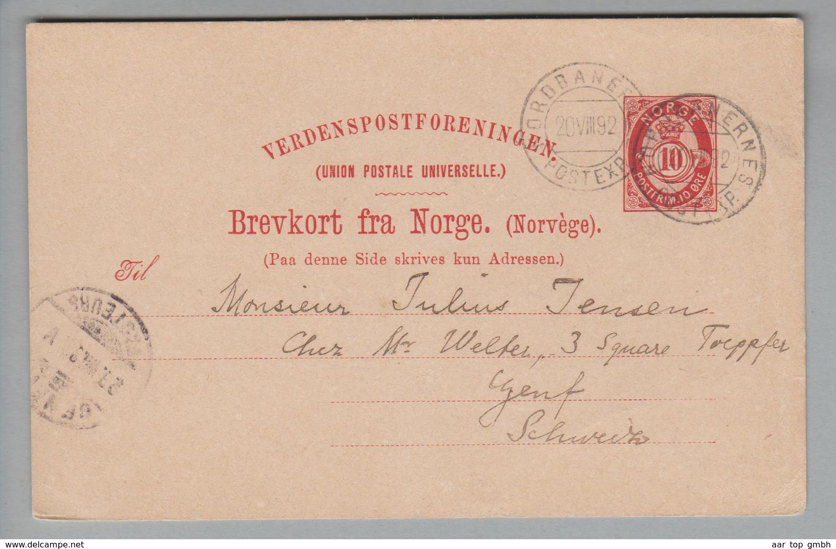 Heimat Norwegen Nordbanernes 1892-08-21 Ganzsache Nach Genève CH - Cartas & Documentos