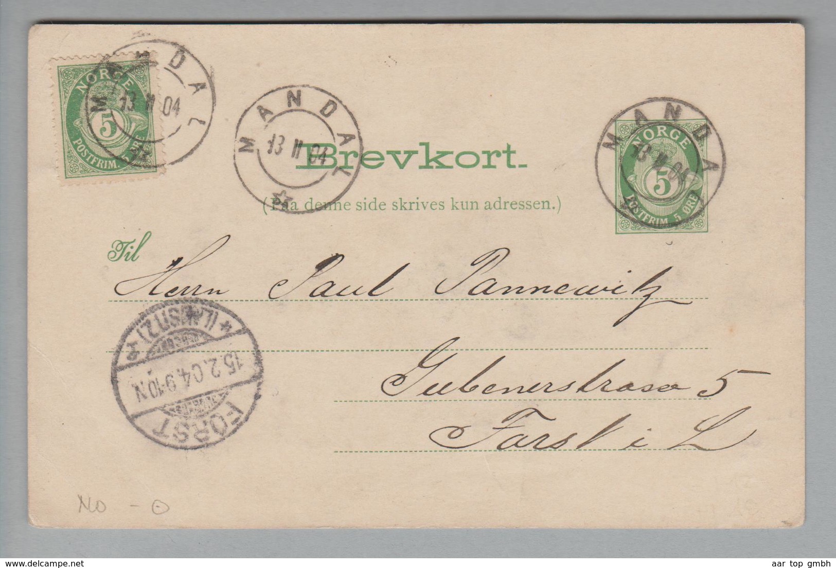 Heimat Norwegen Mandal 1904-02-13 Ganzsache Zusatzfrankatur Nach Forst I.d.Lausitz - Lettres & Documents