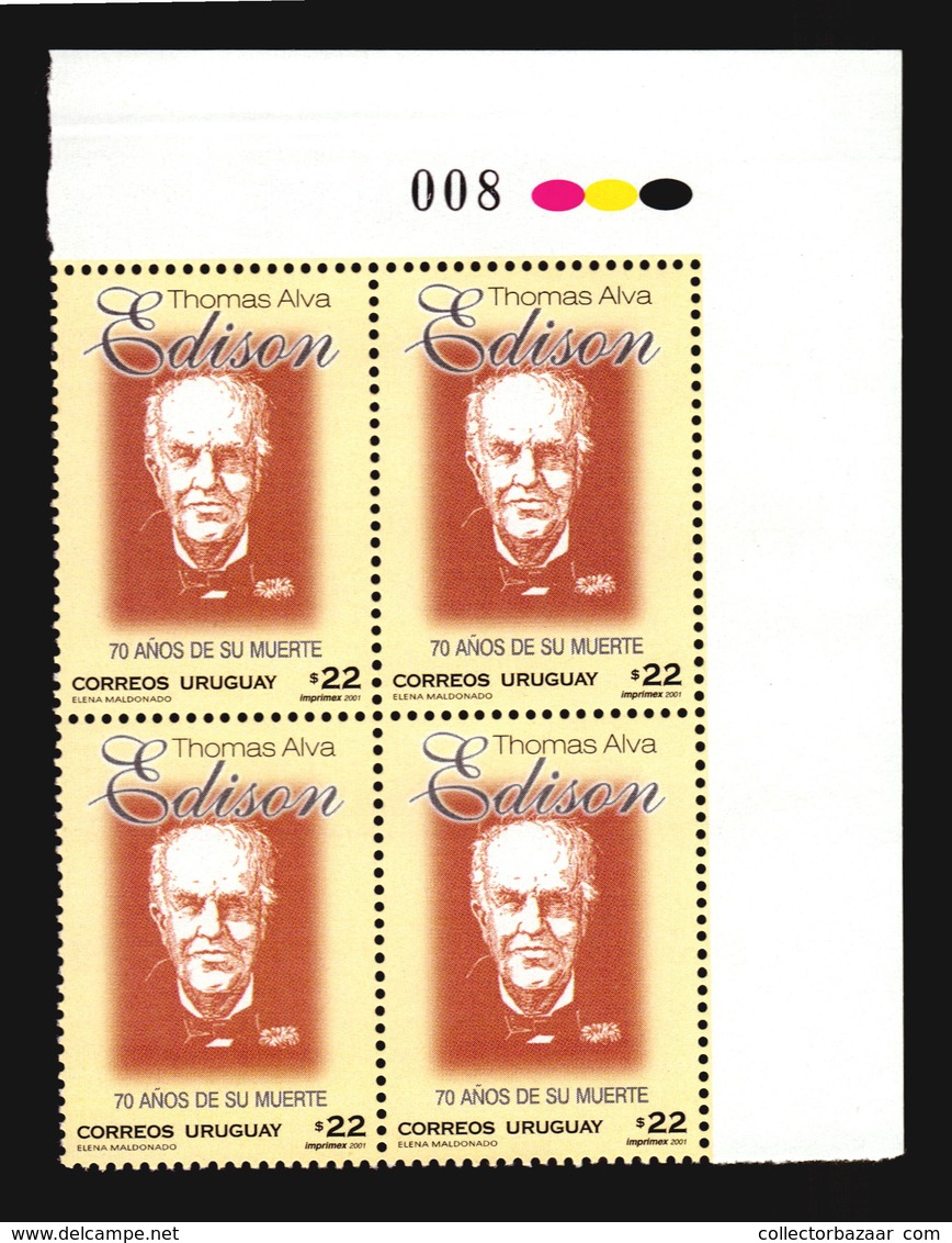 THOMAS ALVA EDISON INVENTOR PHISIC  URUGUAY MNH BLOCK OF 4 ** CATALOGUE VALUE $24 - Telecom